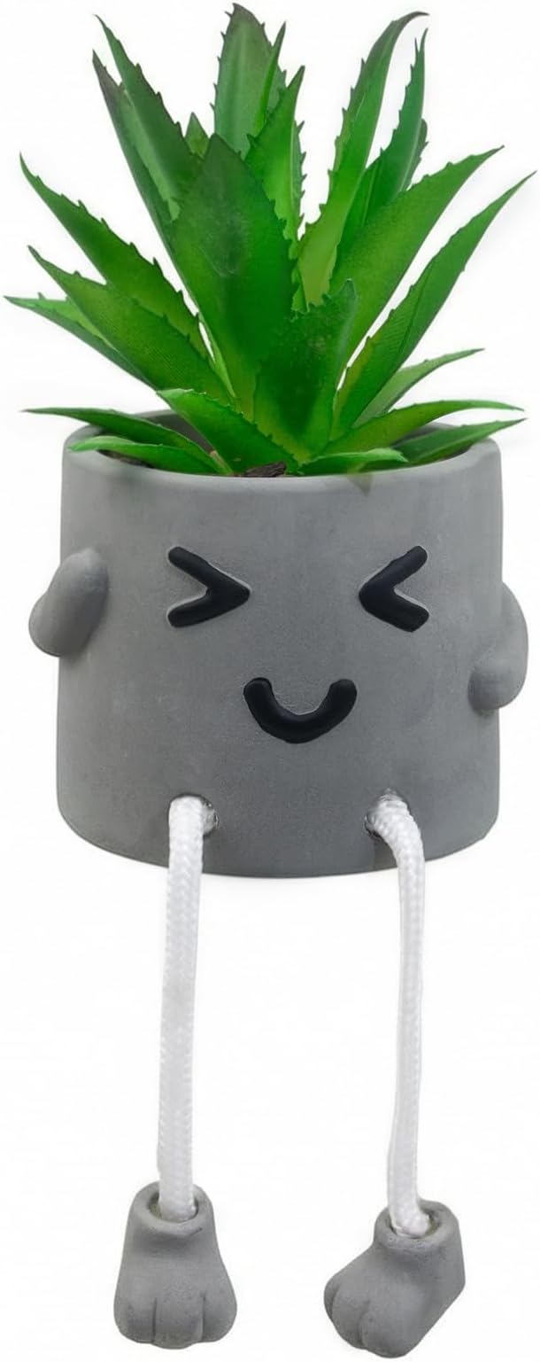 Cute Artificial Succulent Plant in Cement Pot with Hanging Legs - Kitchen Shelf, Bathroom, Office Wall Decoration, Mini Fake Succulents Decor Accents for Desk Shelf - Set of 1