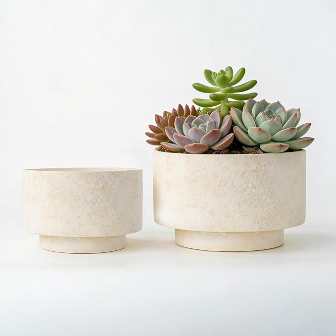 Succulent Pots, 8 Inch + 6 Inch Plant Pots for Plants with Drainage Hole, Indoor Outdoor Ceramic Planter, Set of 2 Round Flower Pots for Succulent and Plants, Beige