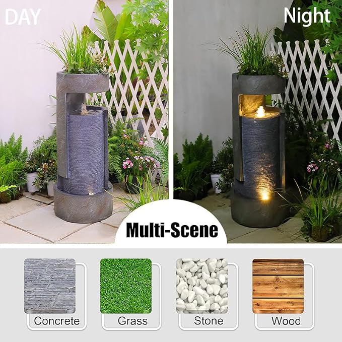 35.9" Tall Modern Indoor/Outdoor Water Fountain with LED Lights and Pump, Freestanding Cascading Waterfall Feature for Garden, Patio, Porch, Yard & Deck Décor – Gray