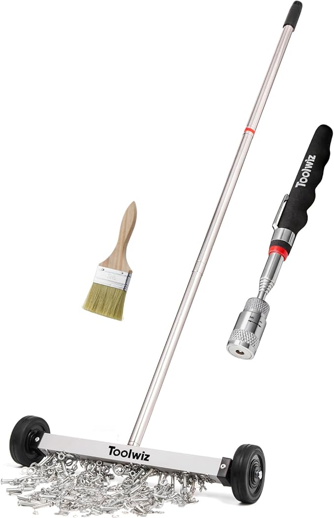 Toolwiz 15" Rolling Magnetic Sweeper 10lbs, with 8 lbs Telescopic Magnetic Pick Up tools with LED light– Telescoping Holder to Pick Up Nails Magnetic Sweeper for Construction
