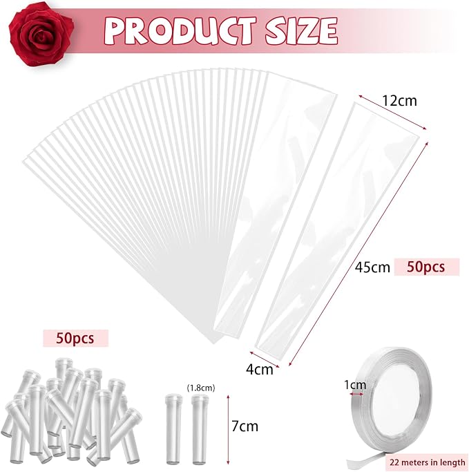 Bayurht 101 Pcs Single Rose Sleeve with Floral Water Tubes 50 Sets Single Flower Packaging Bags Single Flower Sleeve with Ribbons and Floral Water Tubes for Christmas Bouquets Wrapping (Transparent)