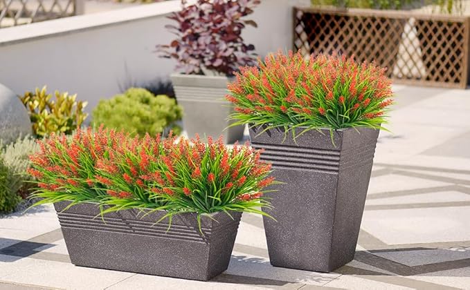 obbsie 36 Bundles Artificial Plants Outdoor, 18.2" UV Resistant Faux Monkey Grass Greenery Stems No Fade Faux Plastic Flowers Shrubs for Home Weddings Garden Porch Front Patio Office Decor - Red