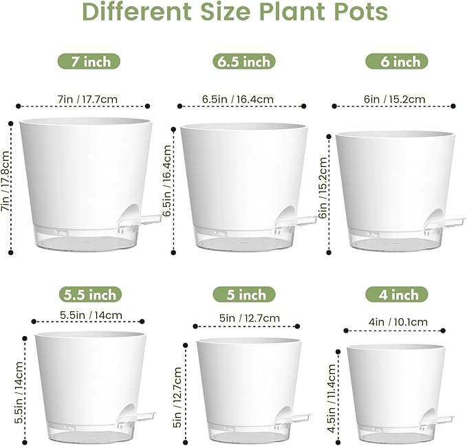 Meowell Self Watering Pots Pack of 6 – Different Size 4" to 7" Indoor Plant Pots with Drainage Holes and Clear Reservoir for Visible Water Level, Plastic Wicking Planters for House Plants, White