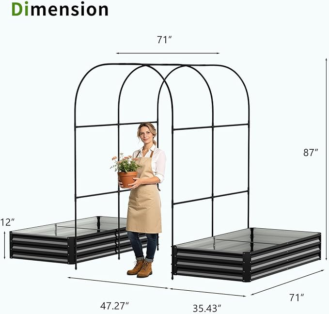 DoCred 3 in 1 Raised Garden Bed with 87in Tall Arch Trellis for Climbing Plants, Galvanized Planter Garden Box Outdoor for Gardening, Climbing Vegetables, Flower, Black