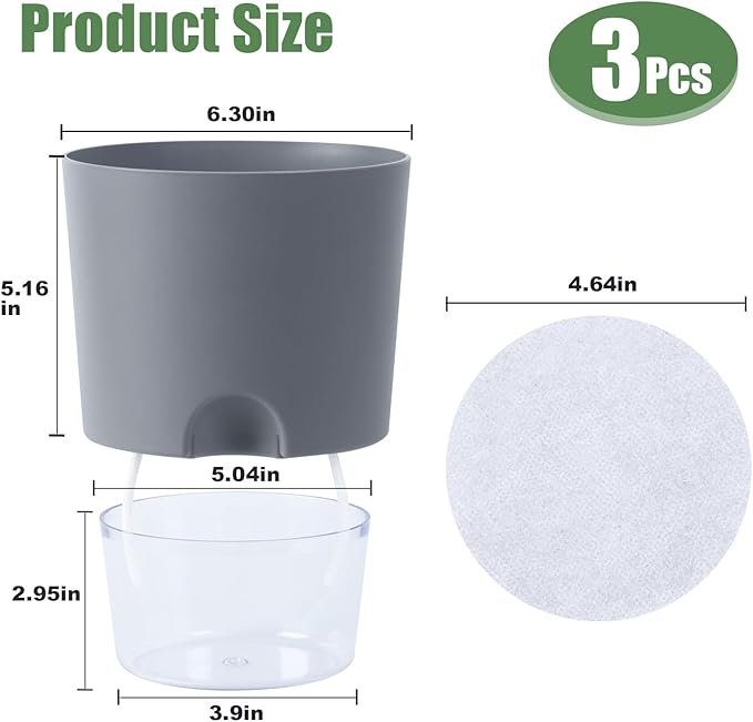 Oliz 6.3 Inch Self Watering Planter Pots for Indoor Plants, 3 Packs African Violet Pots with Wick Rope and Visible Reservoir Self Watering Planter for Herb, Houseplants