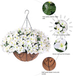 Artificial Hanging Flowers Faux Plants Basket for Outdoors Spring Summer Decor, Fake Silk Bougainvillea in Planter Outdoor Look Real UV Resistant Faux Flower for Outside Porch Patio Garden Home, White
