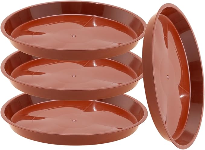 4pcs Terracotta Plastic Plant Saucers (10 inch) - Heavy Duty Indoor Plant Trays for Pots with Water Drainage, Drip Catcher & Decor (Set of 6 Round Saucers)