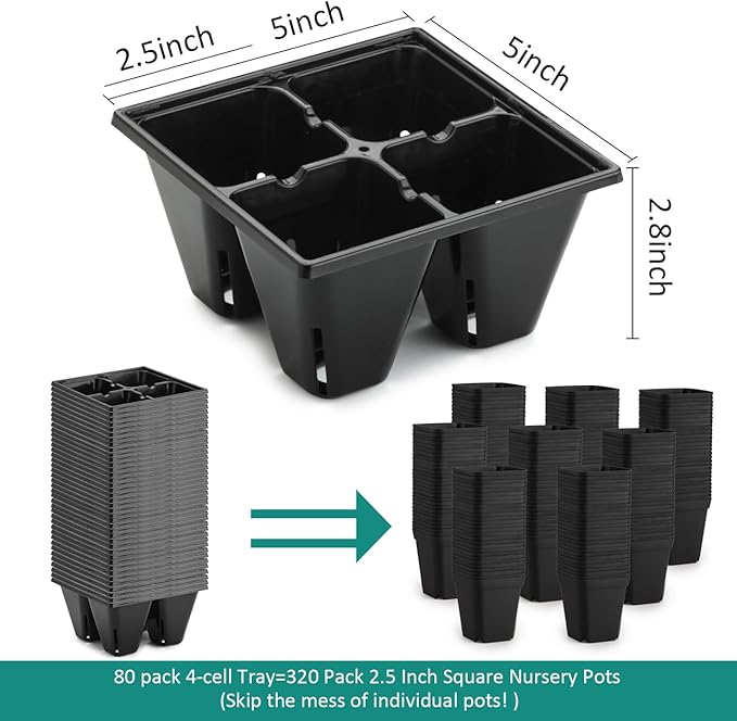 RooTrimmer 80 Pack Reusable 4-Cell Seed Starter Tray for Seedlings, Easy Watering Seed Starting Trays with Drainage Holes for Seed Germination and Plant Start, Fits Standard 1020 Trays, Black