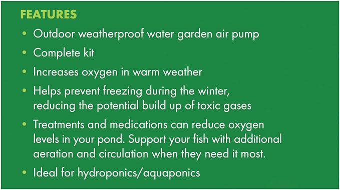 Aquagarden, Pond Air Pump Kit, Outdoor Weather Proof air Pump, Four Outlet Pond Oxygenator, Inc 4 Air Stones & 4 Air Lines, 169 gal/hr Flow Rate, Economical to Run, for Large Ponds