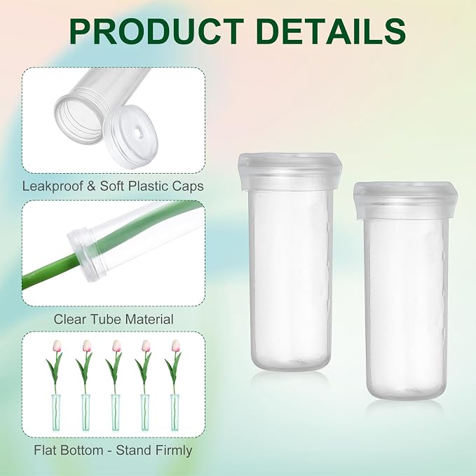MECCANIXITY 60 Pcs Floral Water Tubes, 2 Inch Clear Flower Water Tubes Floral Vials with Plastic Caps for Fresh Flowers Arrangement Decor Milkweed Cutting Florist Supplies, Transparent