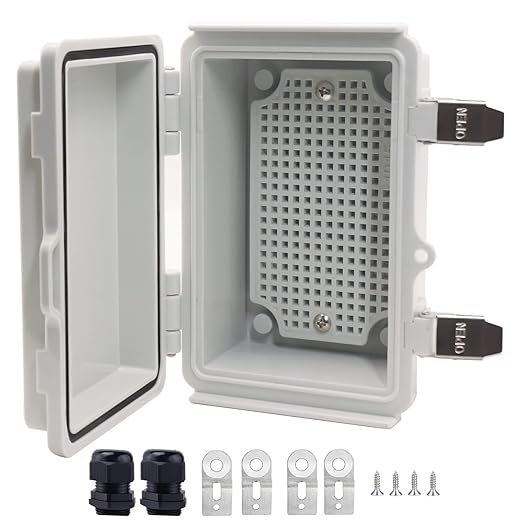 Waterproof Junction Box, ABS Plastic Electrical Box with Stainless Steel Latch, Hinged Cover Electric Project Enclosure Box with Mounting Plate, Wall Brackets & Cable Gland 5.9"x3.9"x2.8"
