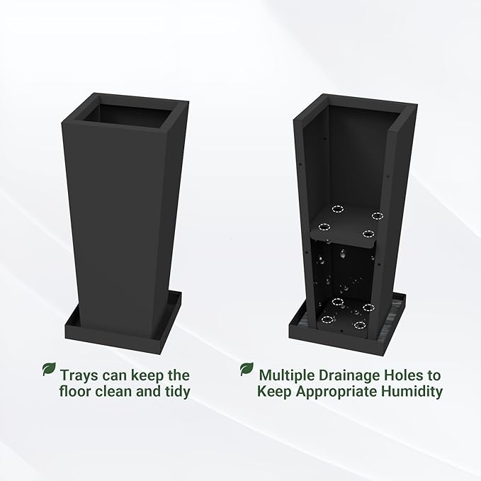 Metal Tall Planters 20 inch Set of 2, Durable Taper Planter with Drainage Holes & Rust-Proof Coating & Trays for Outdoor Indoor Garden Patio Front Door (Black)