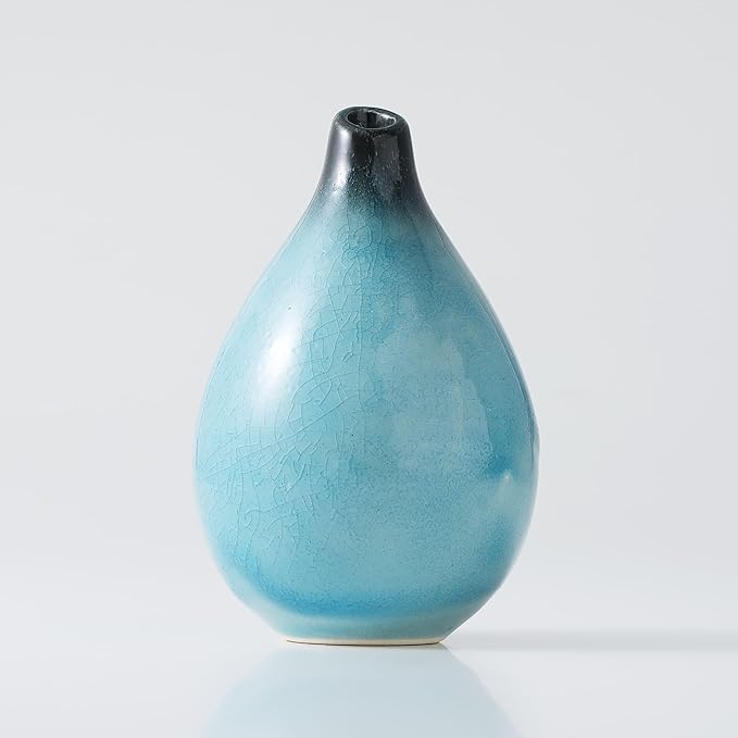 Wazakura Minoyaki Ceramic Small Ikebana Flower Bud Vase Made in Japan, Handpainted Floral Arrangement Pottery Supplies - Drop Shaped SkyBlue Vase