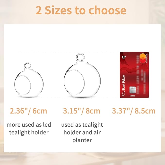 Nuptio 12 Pcs Hanging Tea Light Candle Holders Mini Glass Candle Holder 2.36" Diameter Baubles Globe Garden Ornament, Tealight Holders for Christmas Halloween Wedding Party Decorations for Reception