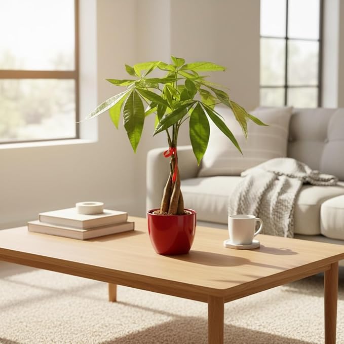 Money Tree Live Plant | 14-22 Inches Tall Bonsai | Easy to Grow Indoor Houseplant | Home, Office, or Room Decor | Birthday, Housewarming Gift (Red)