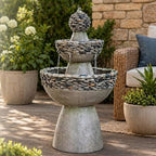 Teamson Home 36.5 in. Outdoor 3-Tier Zen-Style Pedestal Water Fountain in. with Stone Trim with Pump and 2.64 Gallon Capacity, Stone Gray