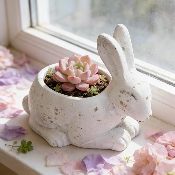 Vintage Cement Animal Planter Pots,Cement Succulent Planter,Indoor & Outdoor Garden Decor Rustic Shabby Flower Plants for Home,Patio,Balcony(White Rabbit)
