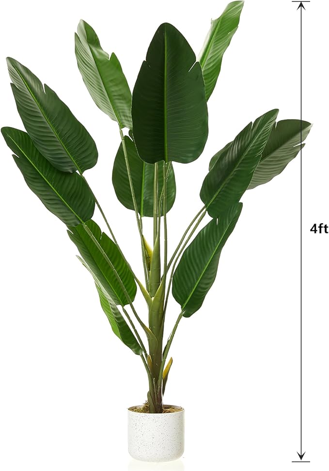 4FT Artificial Banana Tree in Pot, Decorative Evergreen Faux Bird of Paradise Plant, Fake Tropical Traveler's Palm Tree, Indoor House Plants for Living Room Porch Entryway Office
