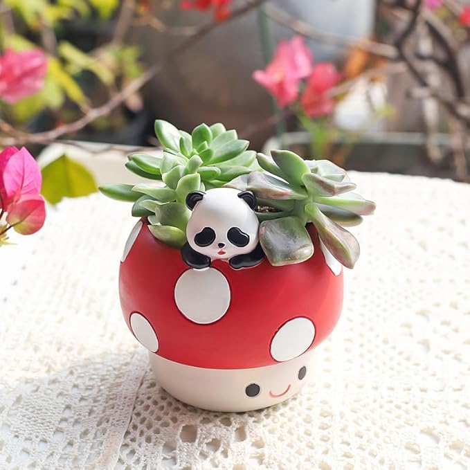 EOBTAIN Cute Mushroom Planter Pots,Unique Animal Panda Red Resin Succulent Small Pots for Indoor Plants,Mini Cactus Planter Pots Living Room Office Table Decor,Mushroom Lover Gifts,4 Inch