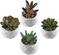 MyGift Miniature Artificial Succulents, Indoor Fake House Plants in Round White Geometric Ceramic Pots, Set of 4