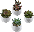 MyGift Miniature Artificial Succulents, Indoor Fake House Plants in Round White Geometric Ceramic Pots, Set of 4