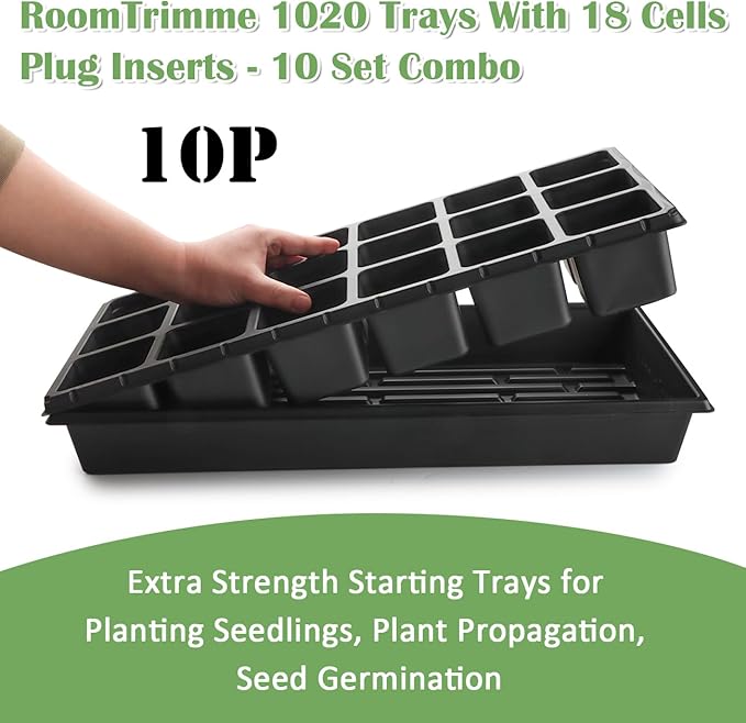 RooTrimmer 3 Inch Square Pots 2.9" Deep 18 Cell Seedling Trays with Water Collection Nursery 1020 Trays No Holes for Seeds Starting and Transplanting (20"x10",10 Sets)