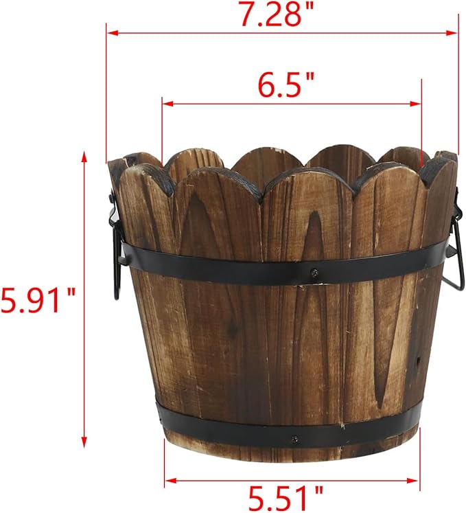 MY MIRONEY Plant Pots, Vintage Wooden Barrel Planter - Solid Rustic Garden Flower Pot with Metal Handles & Frame for Indoor Planter, Office Home Decor, Garden Home Plants, 7.28" x 5.91"