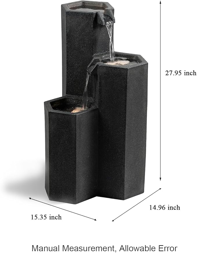 27.95“” H 3-Tiers Cascading Outdoor Water Fountain Made with Eco-Friendly Recyclable Materials, Polyethylene Waterfall Fountain, Outdoor Decor with LED Lights for Patio, Backyard