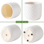 Docrin Plant Pots Indoor with Drainage: 6.4+5.3+4 Inch Ceramic Flower Pots for Plants - Set of 3 Modern Decorative Planters for House/Office/Gift - White Honeycomb