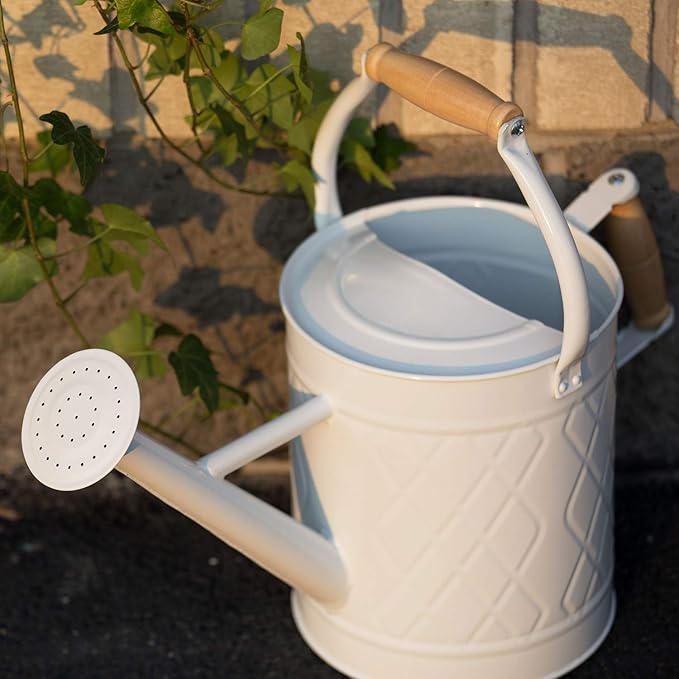 1 Gallon Watering Can with Wooden Handles, White, Galvanized, Metal Watering Can with Removable Spout, Perfect Water Can for Indoor and Outdoor Plants