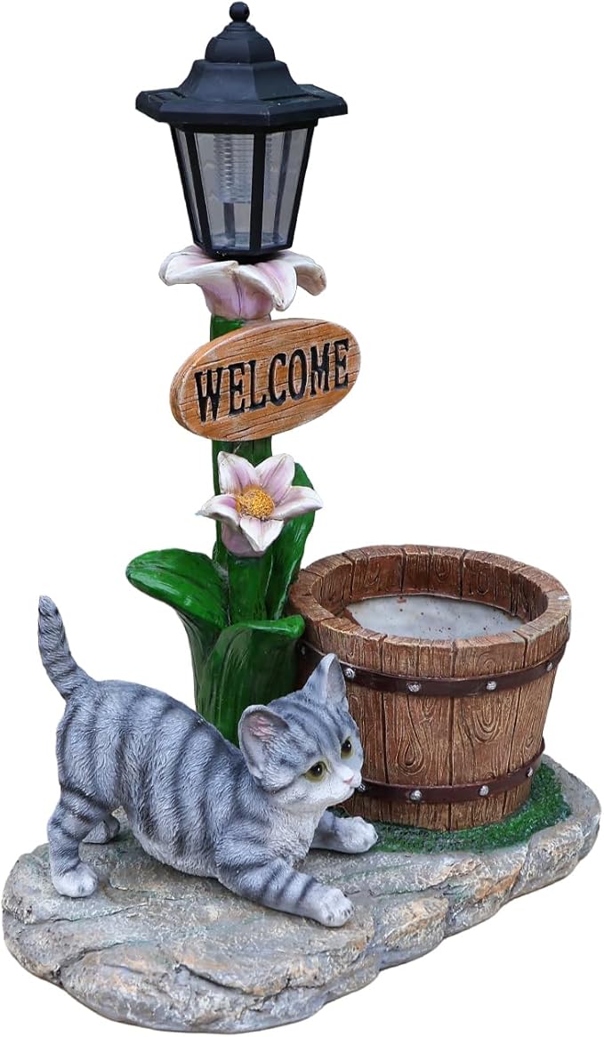 Animal Outdoor Statue Planter Solar Light Welcome Garden Sculpture Resin Flower Pot Decorative Porch Patio Yard Lawn Entryway Figurine with LED Lamp Rustic Plant Holder Ornament Courtyard (F)