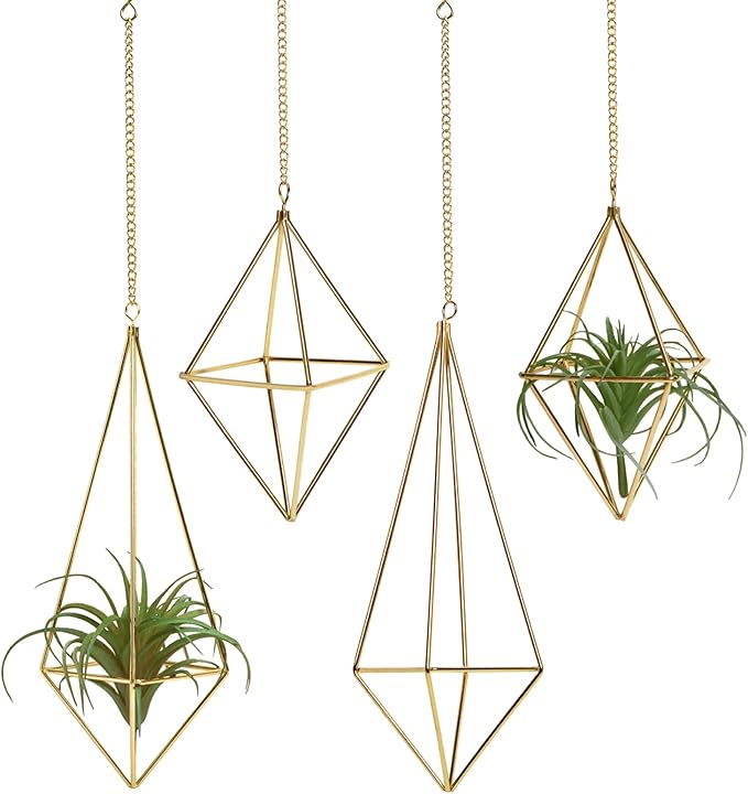 Air Plants Holders Hanging Airplants Hangers Himmeli Metal Wire 4Pcs Geometric Display Airfens Planter Frame 2 Sizes Tillandsia Holder with Chain and Hooks Decor for Home Office