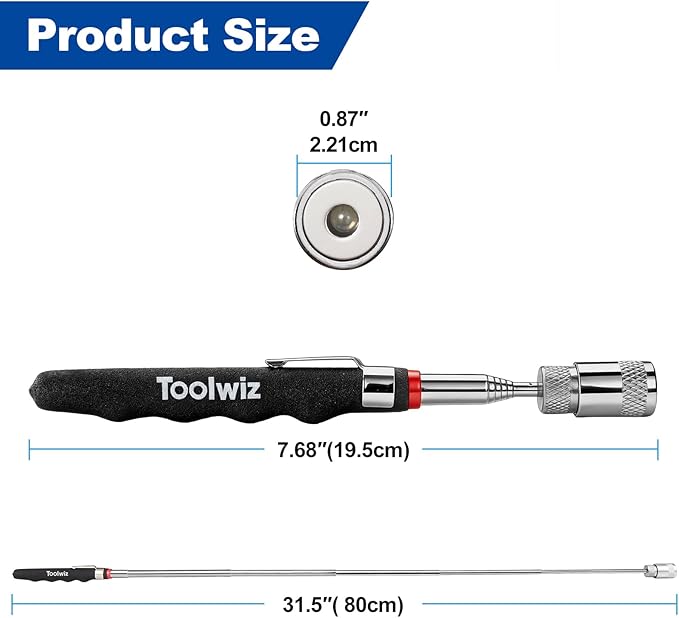 Toolwiz 17" Rolling Magnetic Sweeper 10lbs, with 8 lbs Telescopic Magnetic Pick Up tools with LED light–Lightweight Pick-up Sweeper with Wheels for Nails, Screws & Metal Debris Home Use Workshop