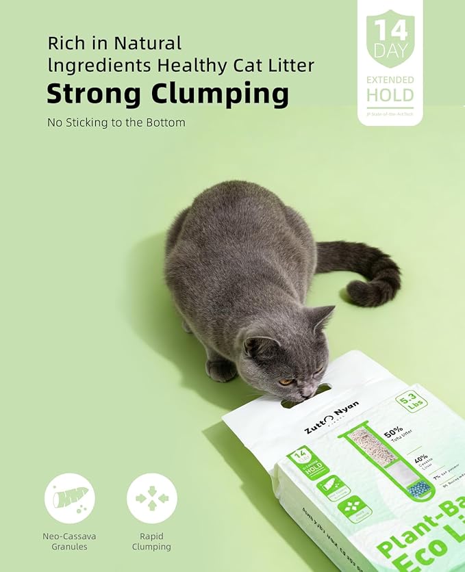 Zutto Nyan 4 in 1 Cassava Cat Litter - Advanced Fast Clumping, Flushable, Low Tracking, 99% Dust Free. Natural Plant Based,Pet Friendly, Great for All Cats, Sensitive Paws, Kittens(5.3 lbs x2 Bag)