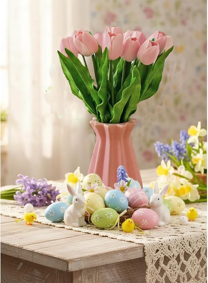 Mandy's Light Pink Artificial Tulips Flowers Centerpiece, 17.7" Lifelike PU Fake Floral Stems 6pcs for Kitchen Island & Dining Table, Spring Decor for Easter