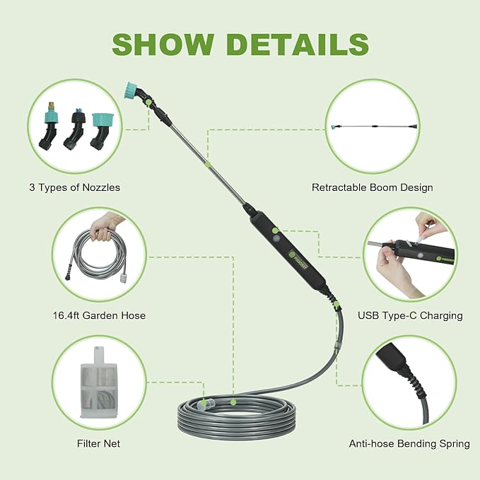 Electric Sprayer Wand, Adjustable Nozzle Telescopic Design with 16.4FT Hose, Rechargeable Battery ensure Long Runtime, Lightweight Cordless Tool for Weed Control & Plant Watering