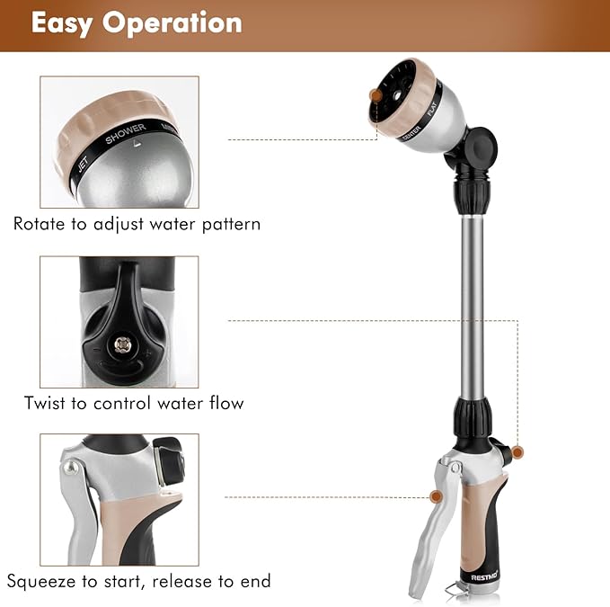 RESTMO Metal Watering Wand, Heavy Duty Garden Hose Wand with 180° Swivel Ratcheting Head, 16'' Hose Nozzle Sprayer with 7 Spray Patterns and Flow Control, for Water Hanging Baskets and Shrubs, Gold