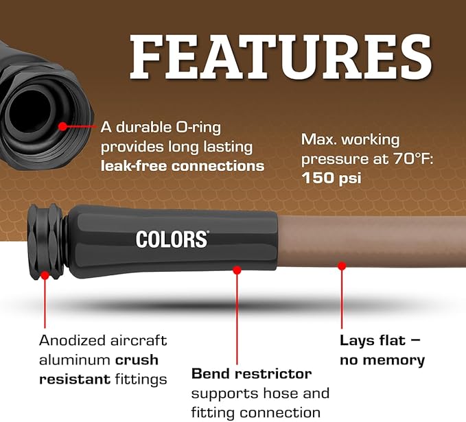 Flexzilla Colors Garden Hose 5/8 in. x 75 ft., Lightweight All-Weather Water Hose, Durable and Flexible, Leak-Free Connections, Brown Mulch