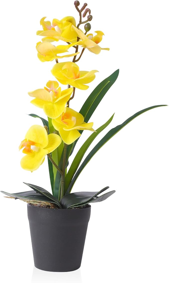 Real Touch Artificial Orchids Flower in Pot, Yellow Faux Orchids Flowers with Vase Fake Phalaenopsis Orchids Arrangement for Table Centerpiece Wedding Party Office Decor