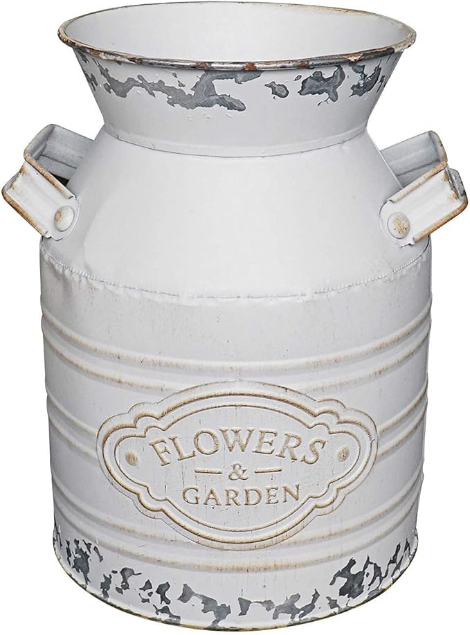 Soyizom Rustic Galvanized Tin Milk Can Decorative White Jug Metal Bucket Flower Pitcher for Farmhouse Decor - Small,7.9"H