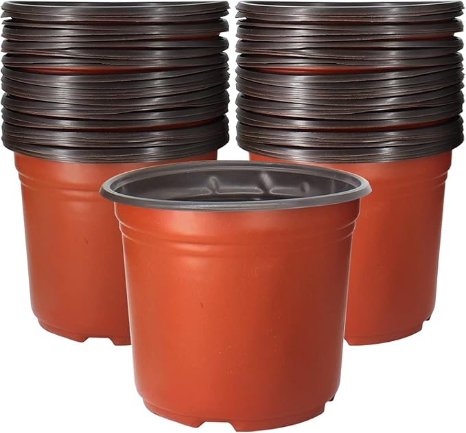 50 Pack 1 Gallon Plastic Plant Nursery Pots Thickened Soft Plastic Plant Pots with 50 Pcs Waterproof Plastic T-Type Plant Tags and 2Pcs/Set Transplanting Digging Mini Tools