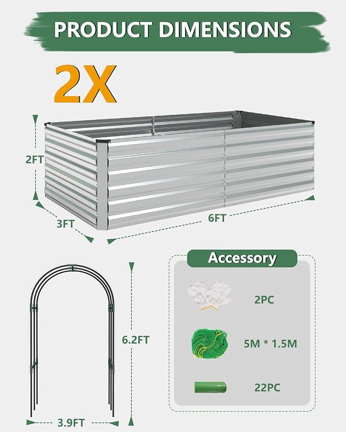 Raised Garden Bed with Arch Trellis for Climbing Plants,Galvanized Raised Garden Bed, Planter Boxes Outdoor for Vegetables Flowers Herb,269 Gallon Capacity Silver