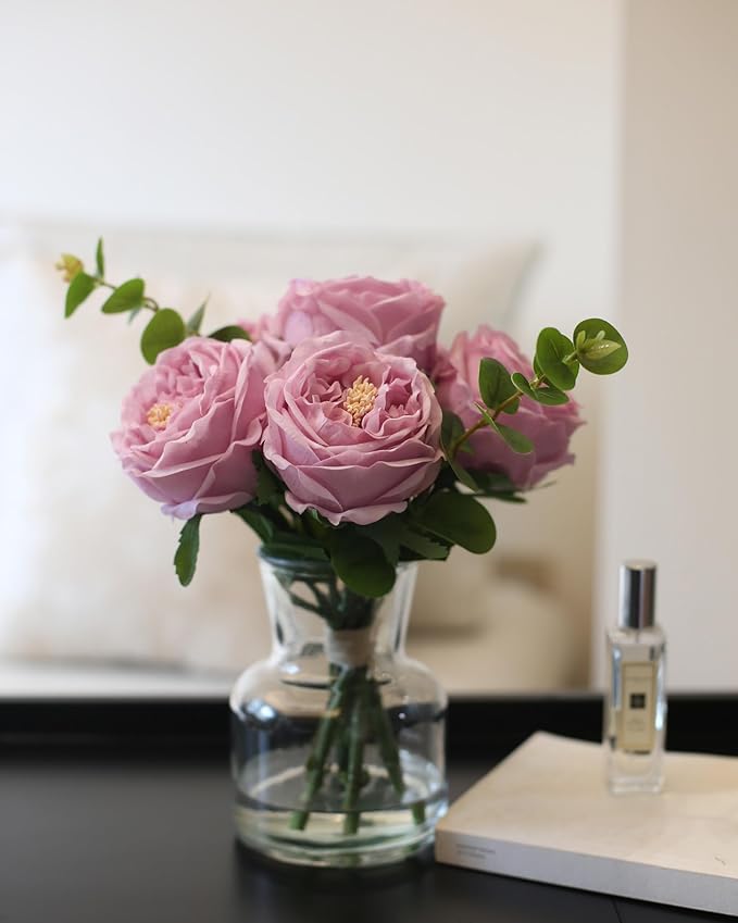 CHASMILE Artificial Flowers with Pinkish-Purple Peonies in Vase, Fix Lifelike Fake Flowers in a Vase with Artificial Water, Faux Flower Arrangements for Dining Table Centerpiece Decor