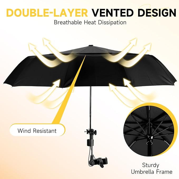 Chair Umbrella with Universal Clamp, Double Canopy Sunshade, Adjustable 360° Swivel, UPF 50+ UV Protection, Clip On Umbrella for Beach Chair, Camping Chair Patio, Stroller, Wheelchair Golf Cart 100cm/39.4in