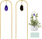 2PCS Small Gold Trellis for Climbing Plants Indoor, Mini Metal Houseplant Climber Support for Potted Plants, Boho Decorative Pot Lattice with Agate for Hoya, Pothos, Ivy, Philodendron