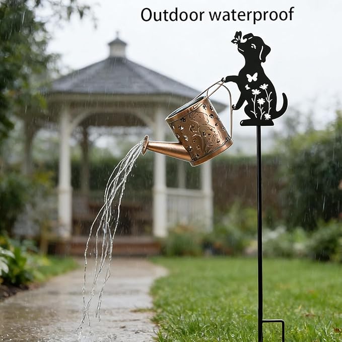 Solar Watering_Can with Light, Outdoor Garden Decoration, Featuring A Metal Dog Statue Garden Stake; Makes A Great Gift for Women, for Outdoor Landscaping, Lawns, and Pathway