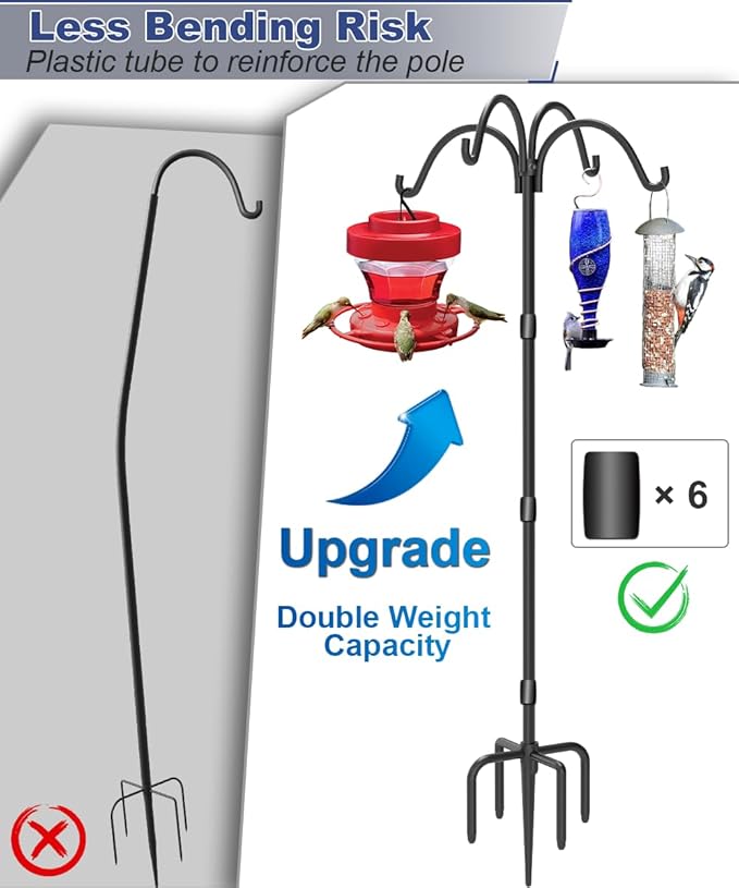 Upgrade 4-Hook Shepherds Hooks for Outdoor with Plastic Tube, 60" Heavy Duty Bird Feeder Pole with 5 Prongs Base, Adjustable Garden Hook for Solar Light, Hanging Plant, Wedding Decor, 2 Pack