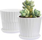 sietpoek Plant Pots - 6.7 Inch Cylinder Ceramic Planters with Connected Saucer, Pots for Succuelnt and Little Snake Plants, Set of 2, White