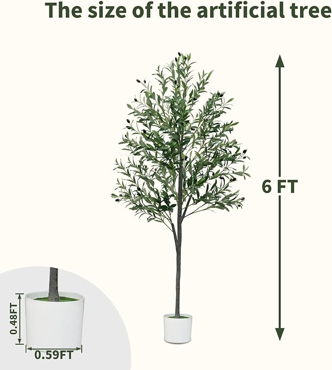 6FT Artificial Olive Tree,Artificial Plants Indoor,Faux Olive Tree Indoor with Natural Wood Trunk and Realistic Leaves and Fruits for Home Office Decor