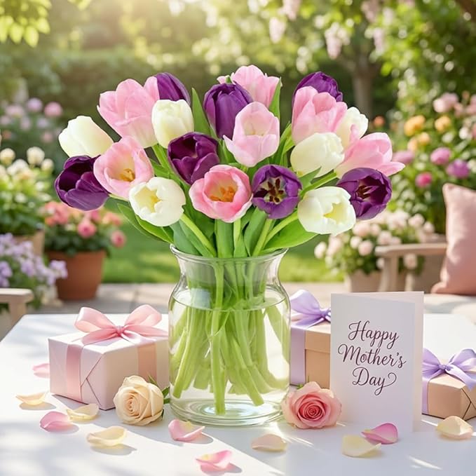 Benchmark Bouquets - White, Pink, Purple Tulips - Fresh Flowers for Delivery - Mothers Day Gifts for Wife - Mothers Day Flowers for Mom - Teacher Appreciation Gifts - Glass Vase Included (20 Stems)